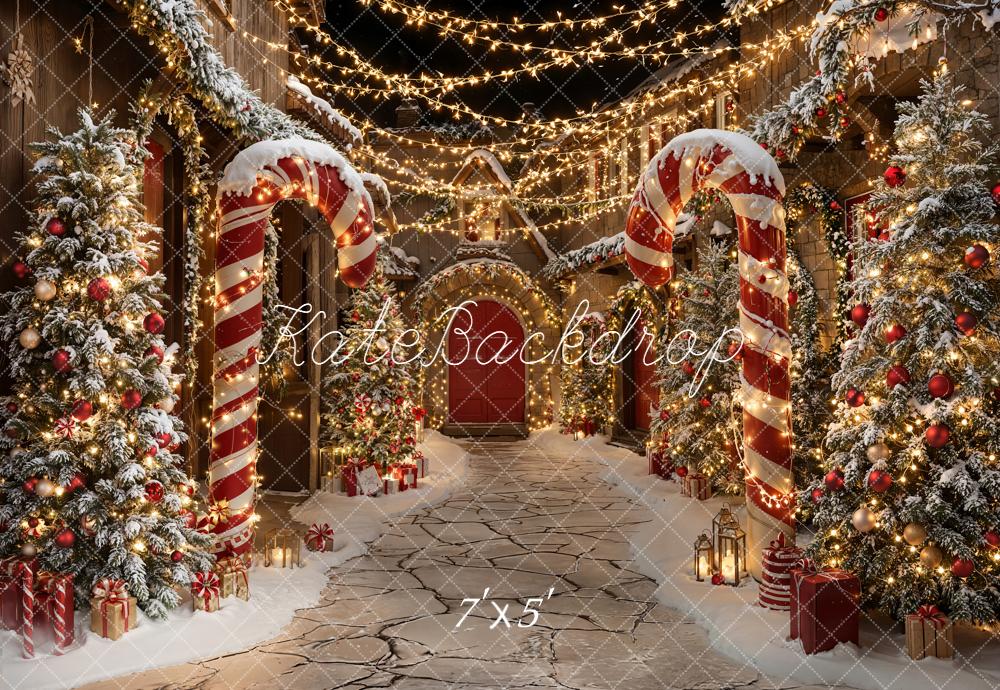 Kate Christmas Candy Cane Snowy Path Trees Backdrop Designed by Emetselch