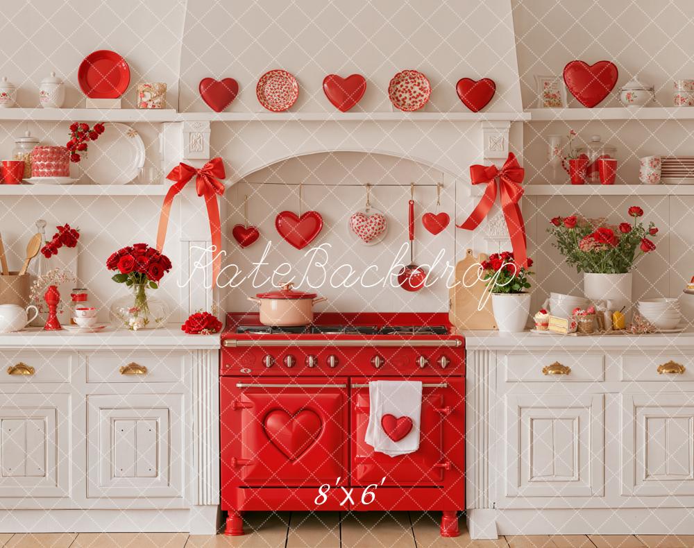 Kate Valentine Red Stove Hearts Kitchen Fleece Backdrop Designed by Emetselch