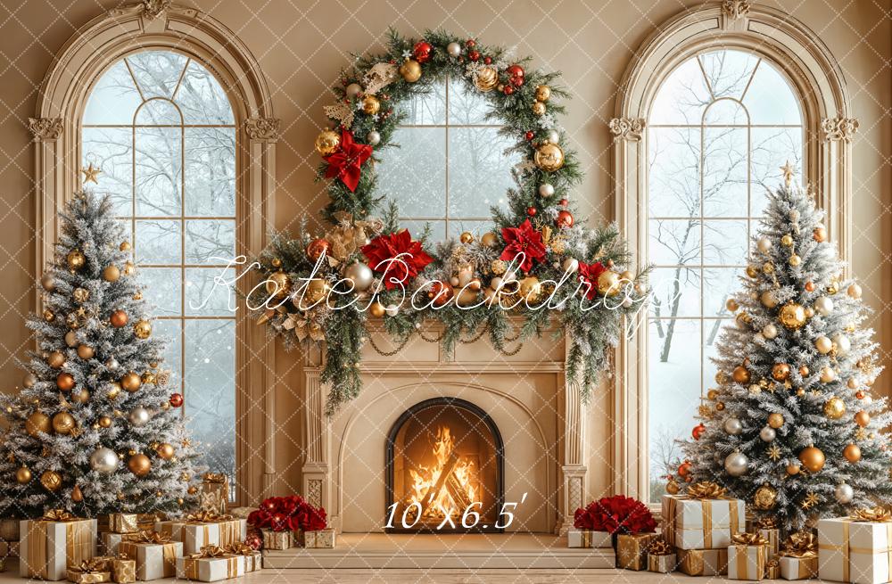 Kate Christmas Fireplace Garland Trees Fleece Backdrop Designed by Emetselch