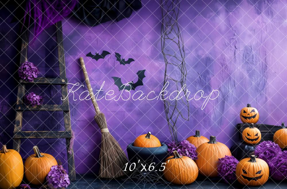 Kate Halloween Pumpkins Broom Ladder Purple Wall Backdrop Designed by Patty Robert -UK