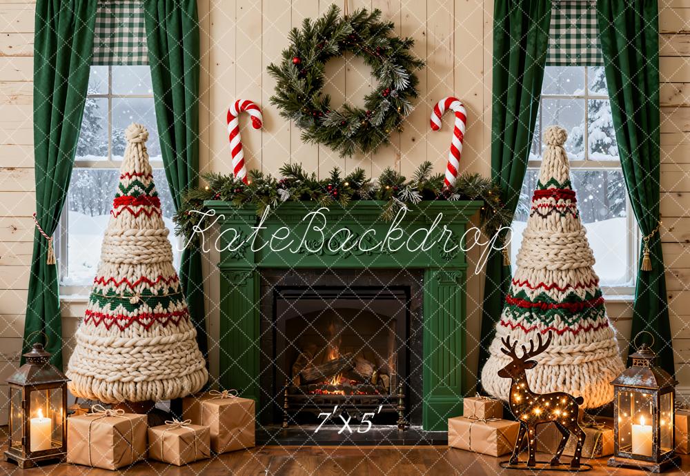 Kate Christmas Fireplace Yarn Trees Presents Backdrop Designed by Emetselch -UK