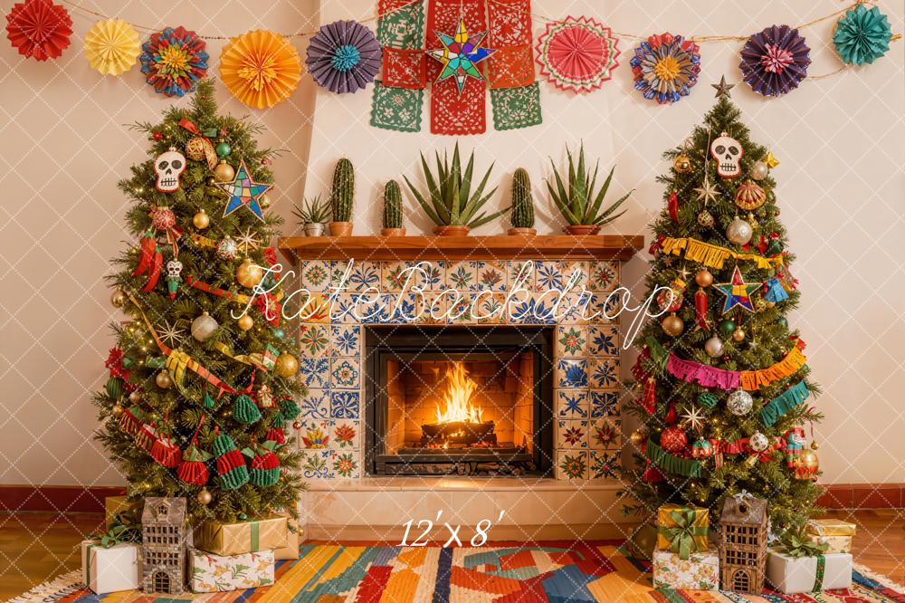 Kate Christmas Colourful Fireplace Trees Fleece Backdrop Designed by Emetselch -UK