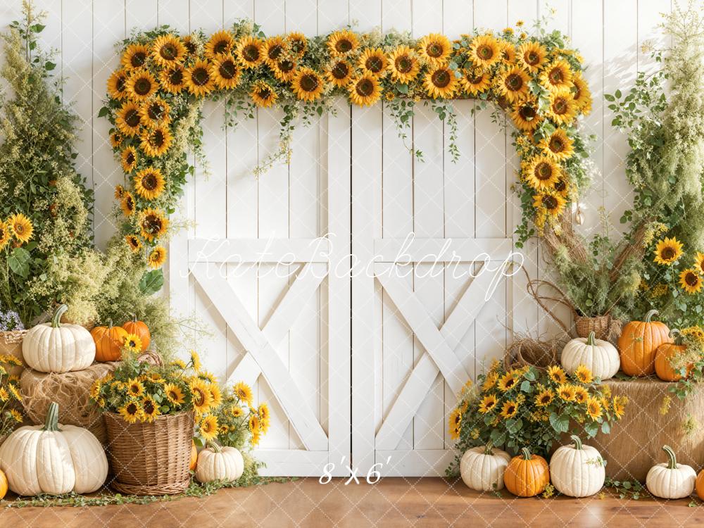 Kate Sunflower Arch Pumpkins White Barn Backdrop Designed by Emetselch