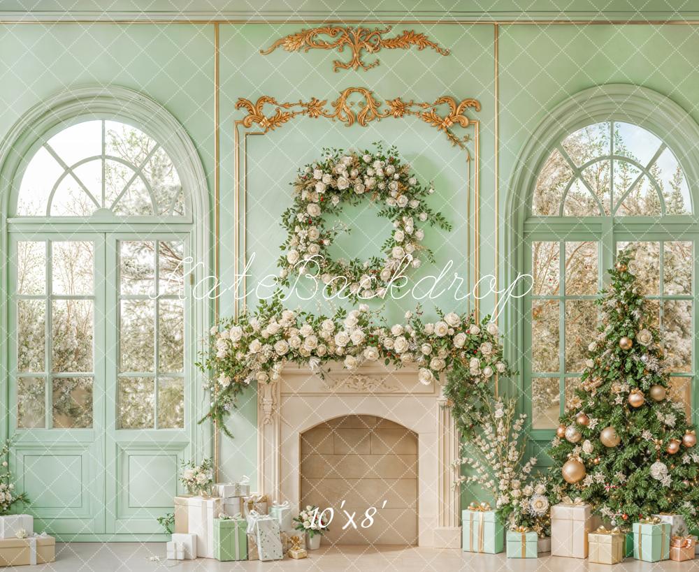 Kate Christmas Mint Fireplace Fleece Backdrop Designed by Emetselch -UK