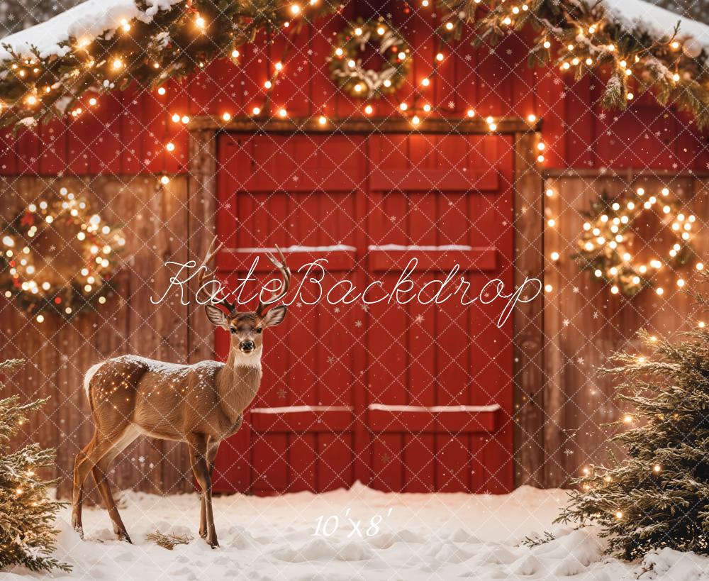 Kate Christmas Barn Deer Fairy Lights Fleece Backdrop Designed by Emetselch -UK