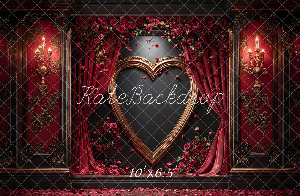 Kate Heart Frame Red Curtains Roses Fleece Backdrop Designed by Emetselch -UK