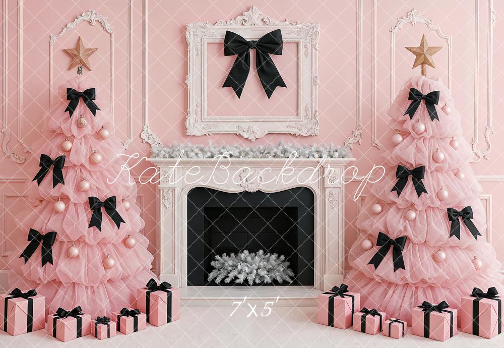 Kate Christmas Pink Trees Black Bows Fireplace Backdrop Designed by Ashley Paul