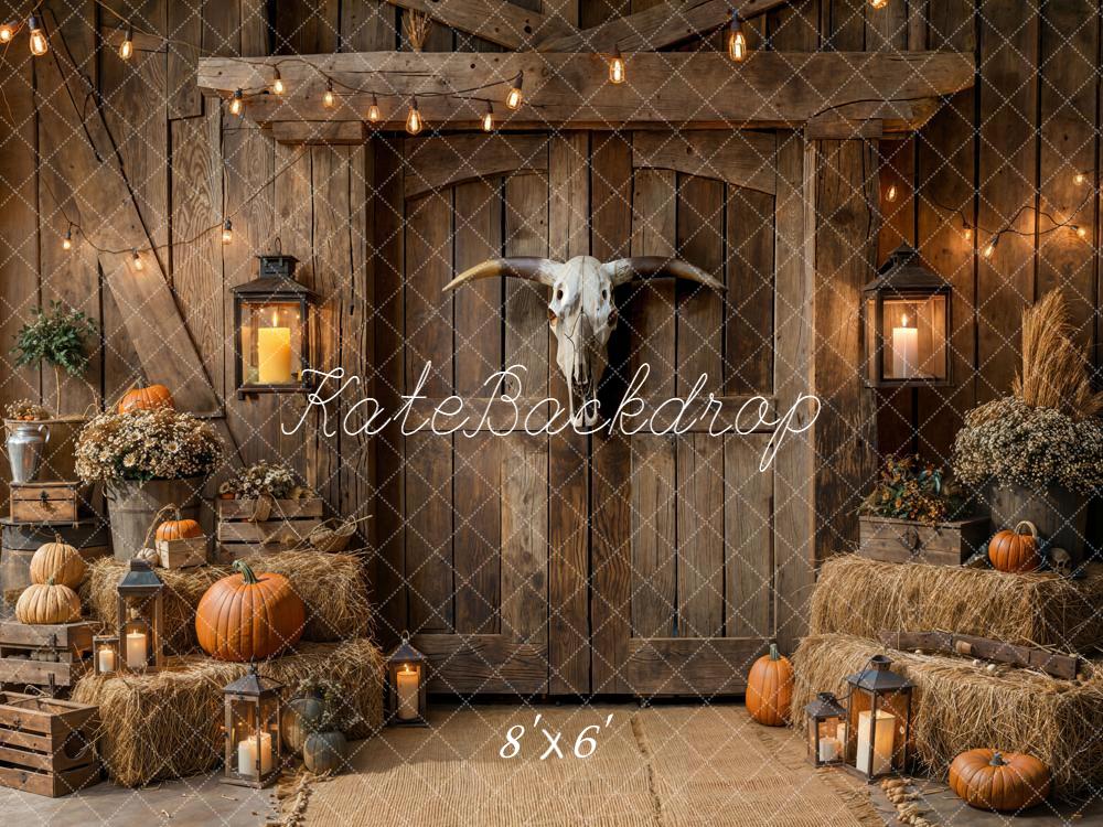 Kate Autumn Barn Lantern Pumpkin Hay Fleece Backdrop Designed by Emetselch -UK