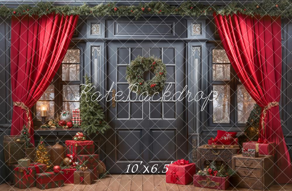 Kate Christmas Red Curtains Wreath Gifts Backdrop Designed by Emetselch -UK