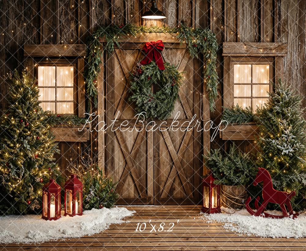Kate Christmas Rustic Wooden Door Garland Fleece Backdrop Designed by Emetselch -UK
