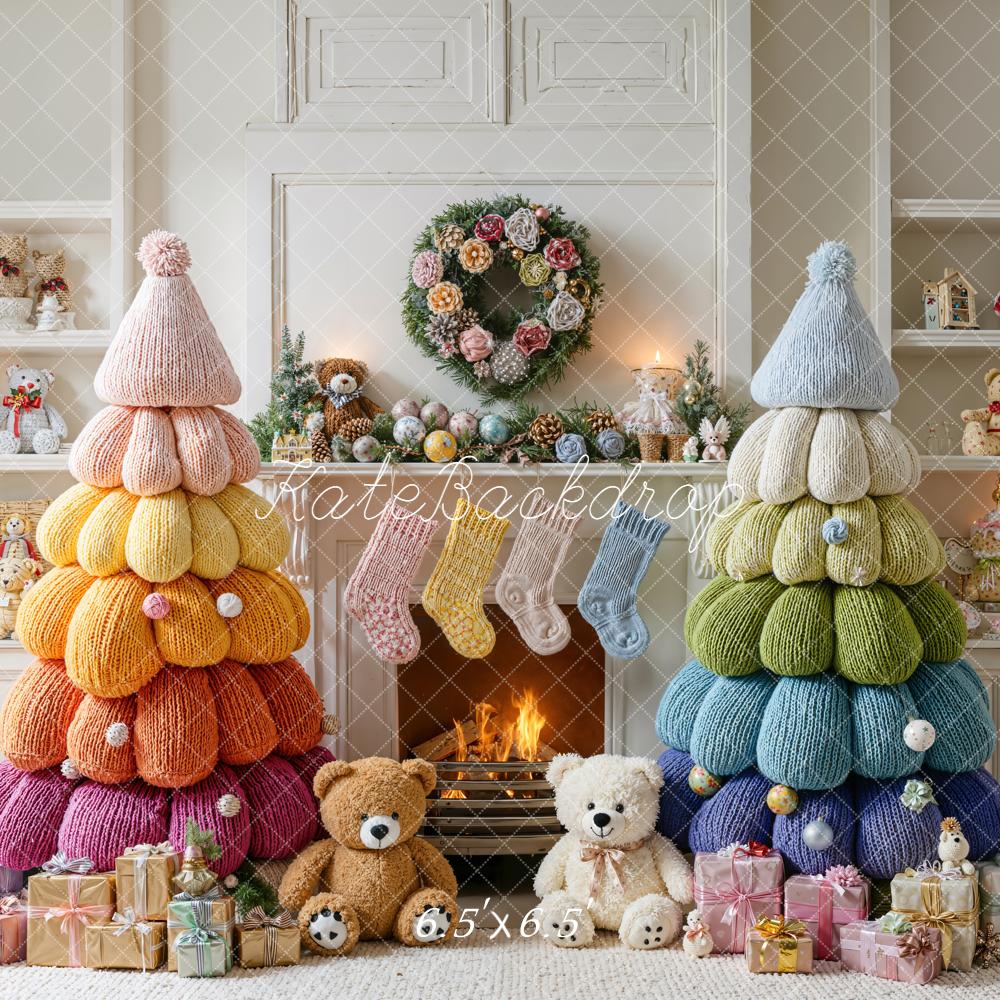 Kate Christmas Knitted Trees Presents Fireplace Backdrop Designed by Emetselch