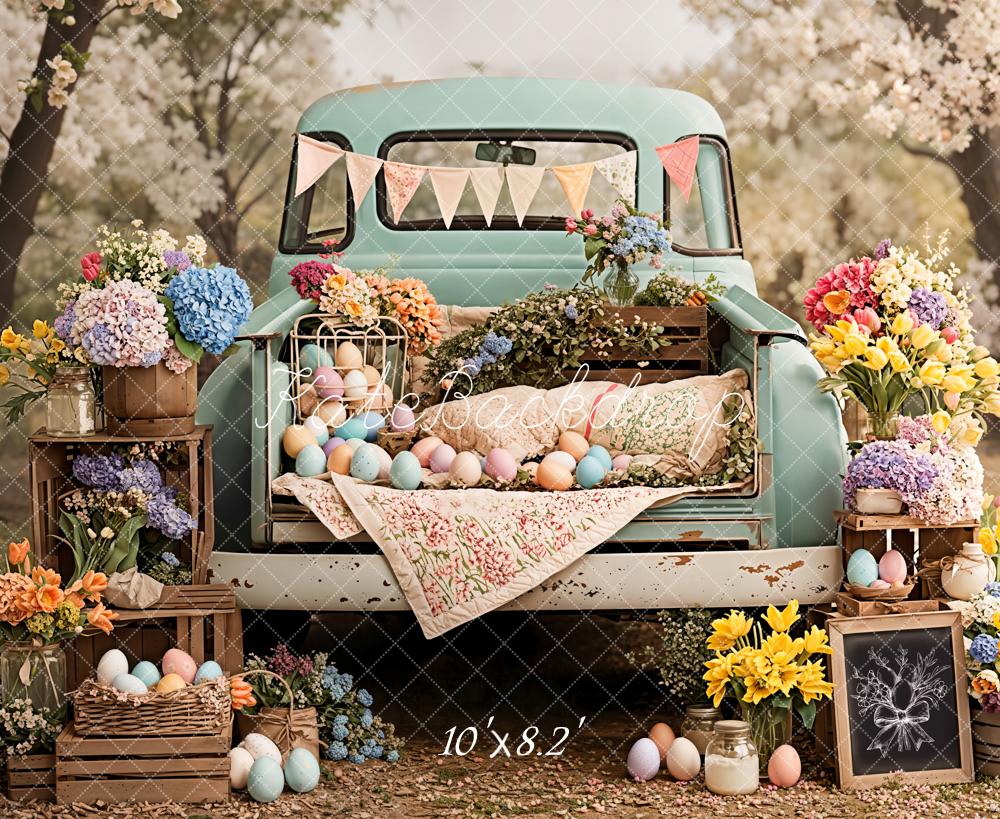Kate Easter Truck Floral Pastel Eggs Backdrop Designed by Emetselch