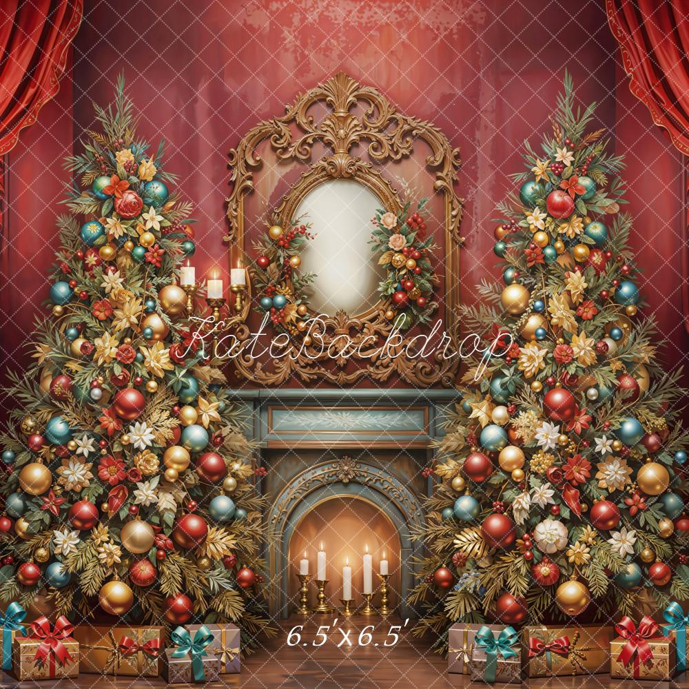 Kate Christmas Trees Fireplace Gifts Red Curtains Backdrop Designed by Emetselch