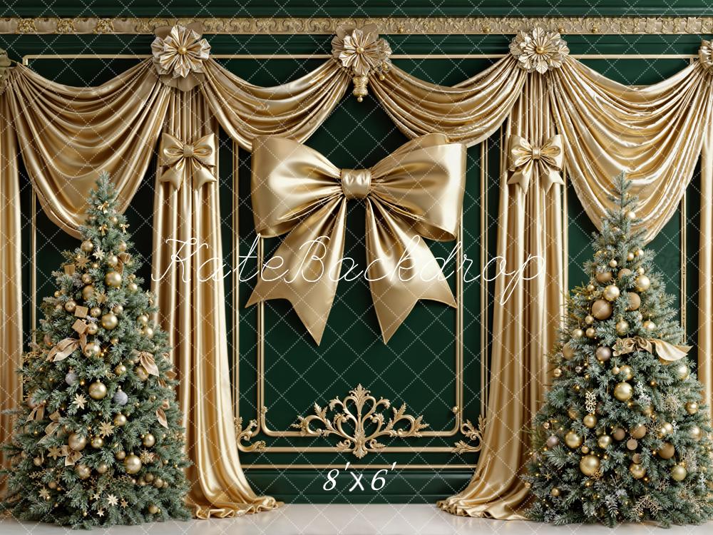 Kate Christmas Gold Bow Green Curtain Trees Fleece Backdrop Designed by Emetselch -UK