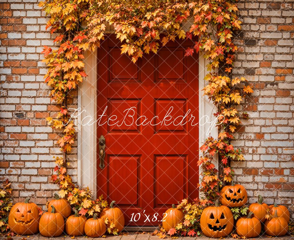 Kate Autumn Halloween Maple Leaves Red Door Backdrop Designed by Emetselch -UK