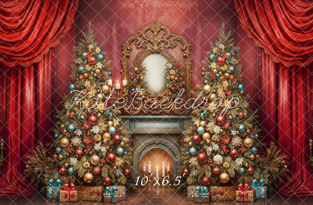Kate Christmas Tree Fireplace Red Curtains Fleece Backdrop Designed by Emetselch