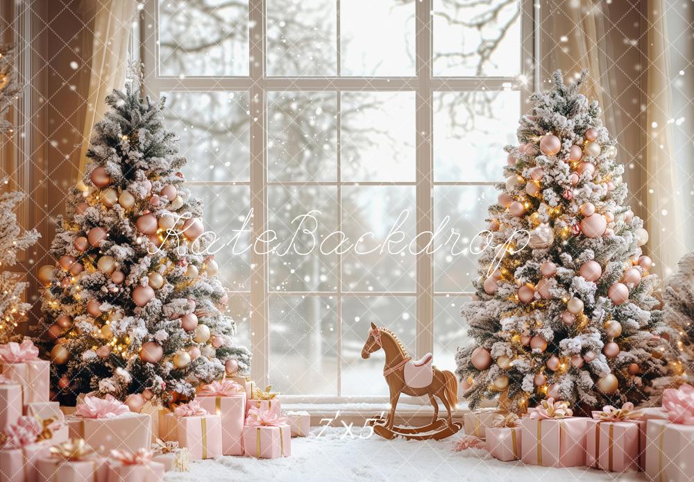 Kate Christmas Snowy Trees Pink Gifts Window Backdrop Designed by Patty Robert -UK