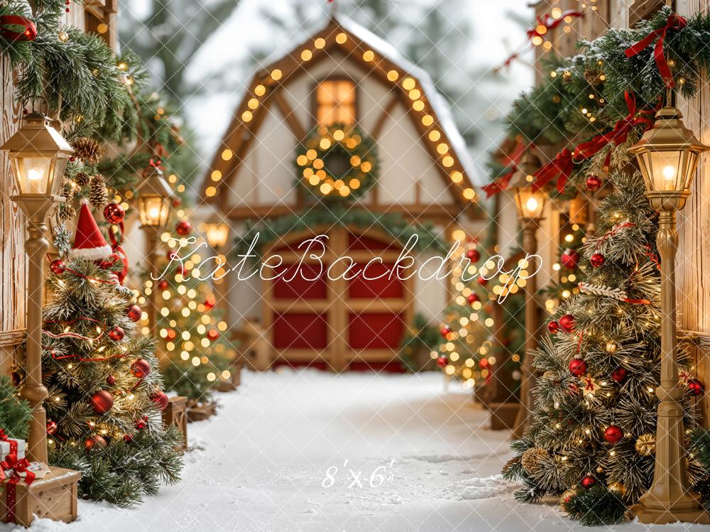 Kate Christmas Village Trees Lanterns Fleece Backdrop Designed by Emetselch -UK