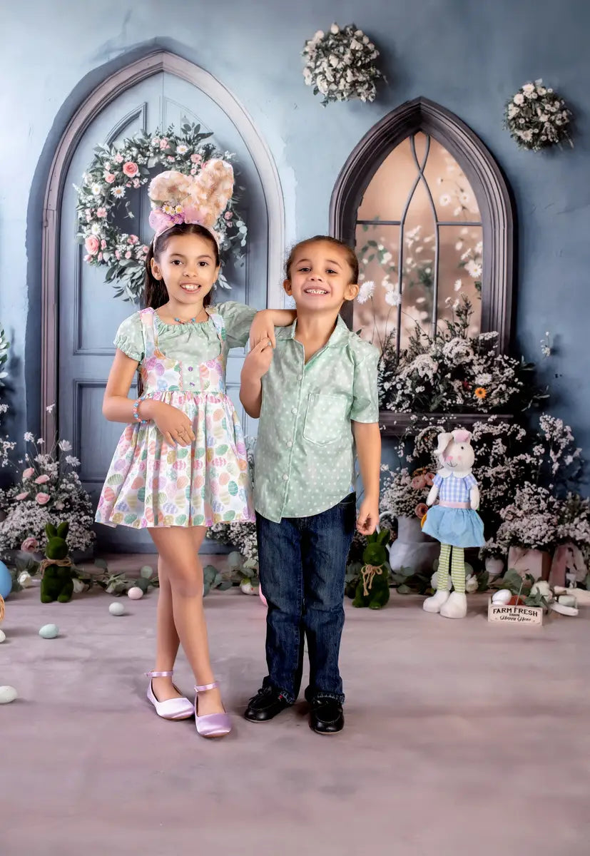 Kate Easter Bunny Floral Blue Door Backdrop+Neutral Wood Floor Backdrop -UK