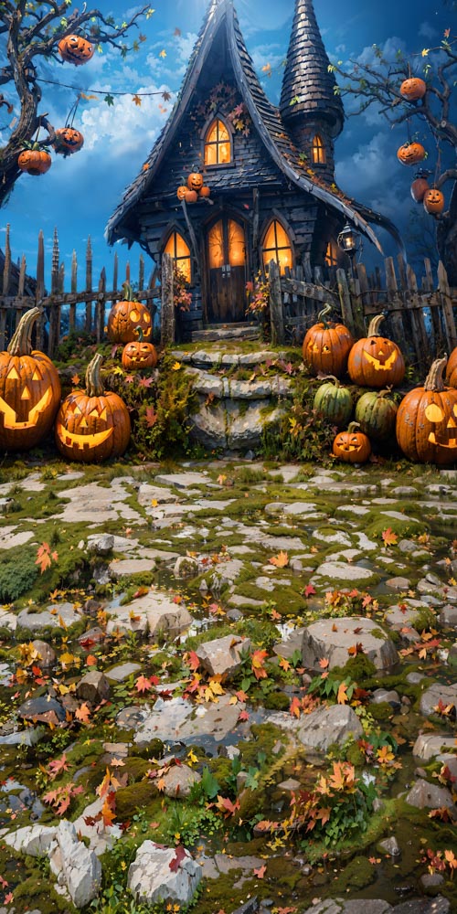Kate Sweep Halloween Pumpkin House Backdrop Designed by Chain Photography