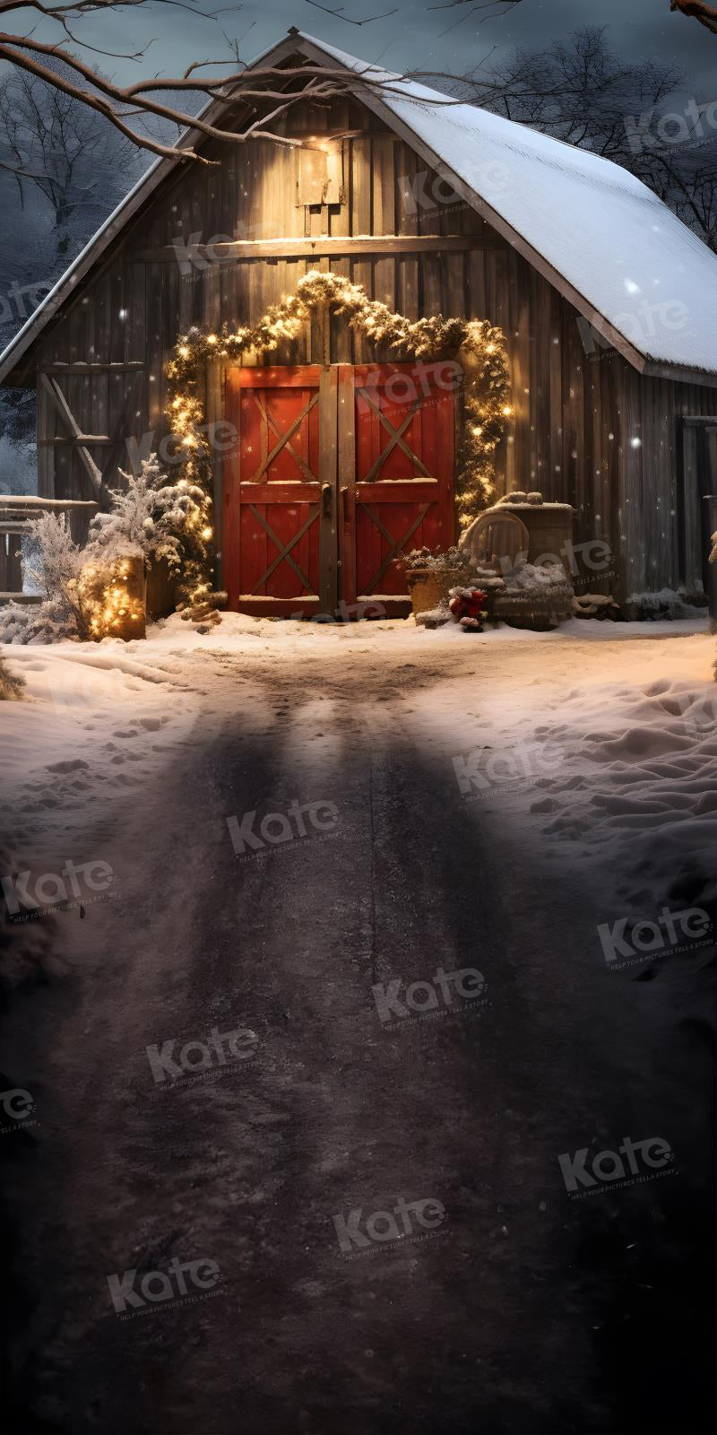 Kate Sweep Christmas Red Barn Night Backdrop for Photography