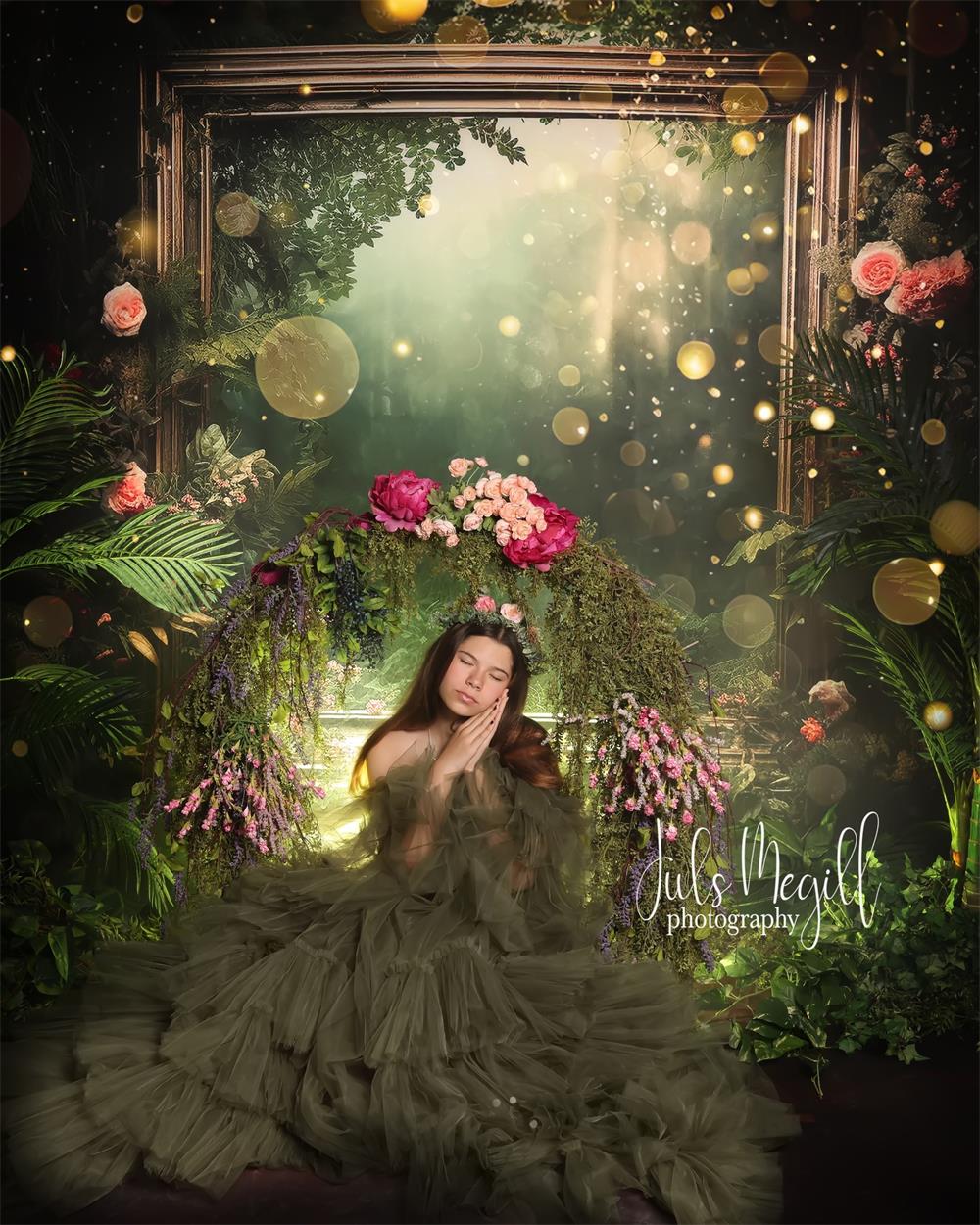 Kate Sweep Spring Green Forest Golden Frame Backdrop Designed by Lidia Redekopp