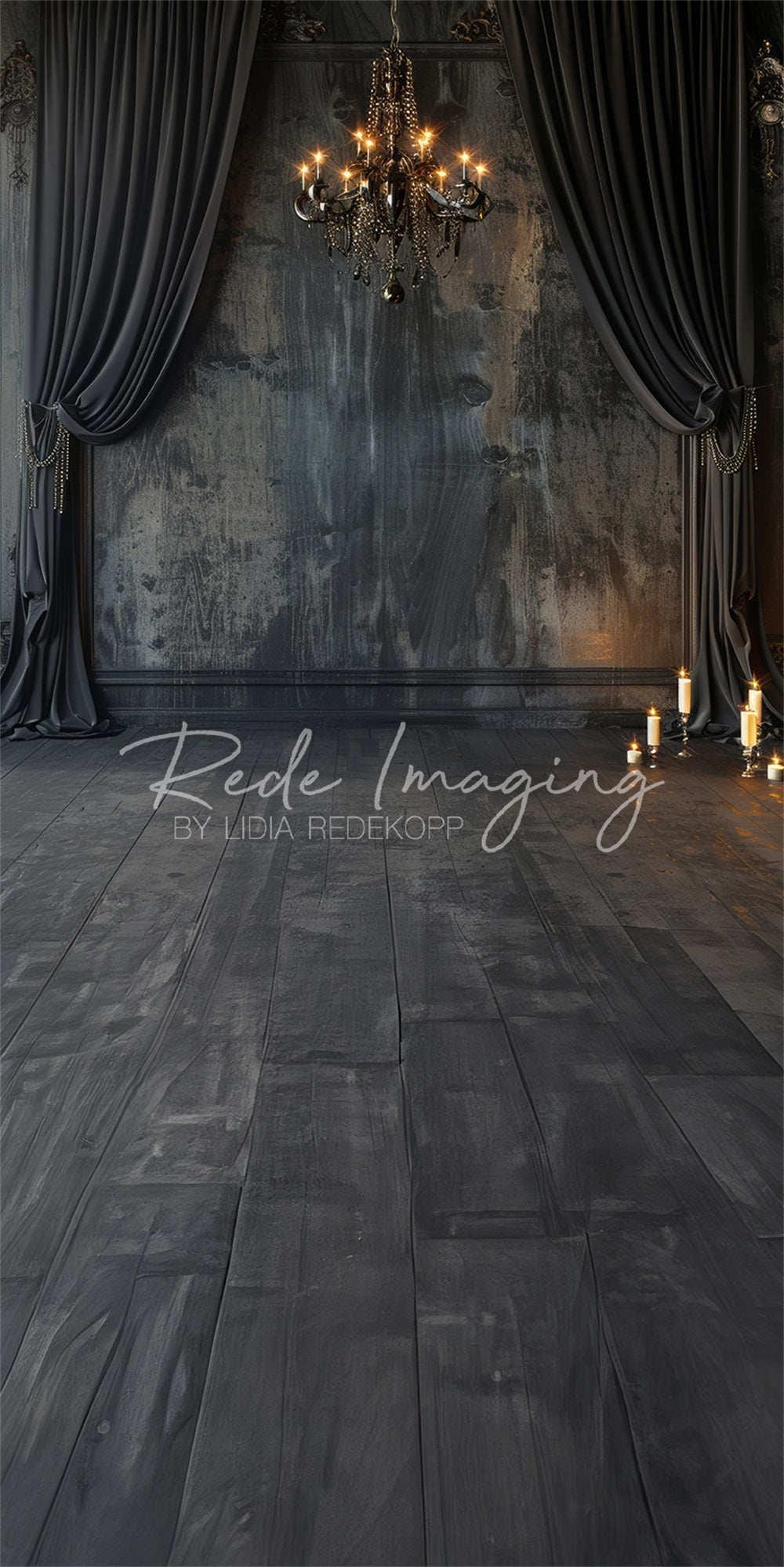 Kate Sweep Dark Vintage Black Curtain Chandelier Wall Backdrop Designed by Lidia Redekopp