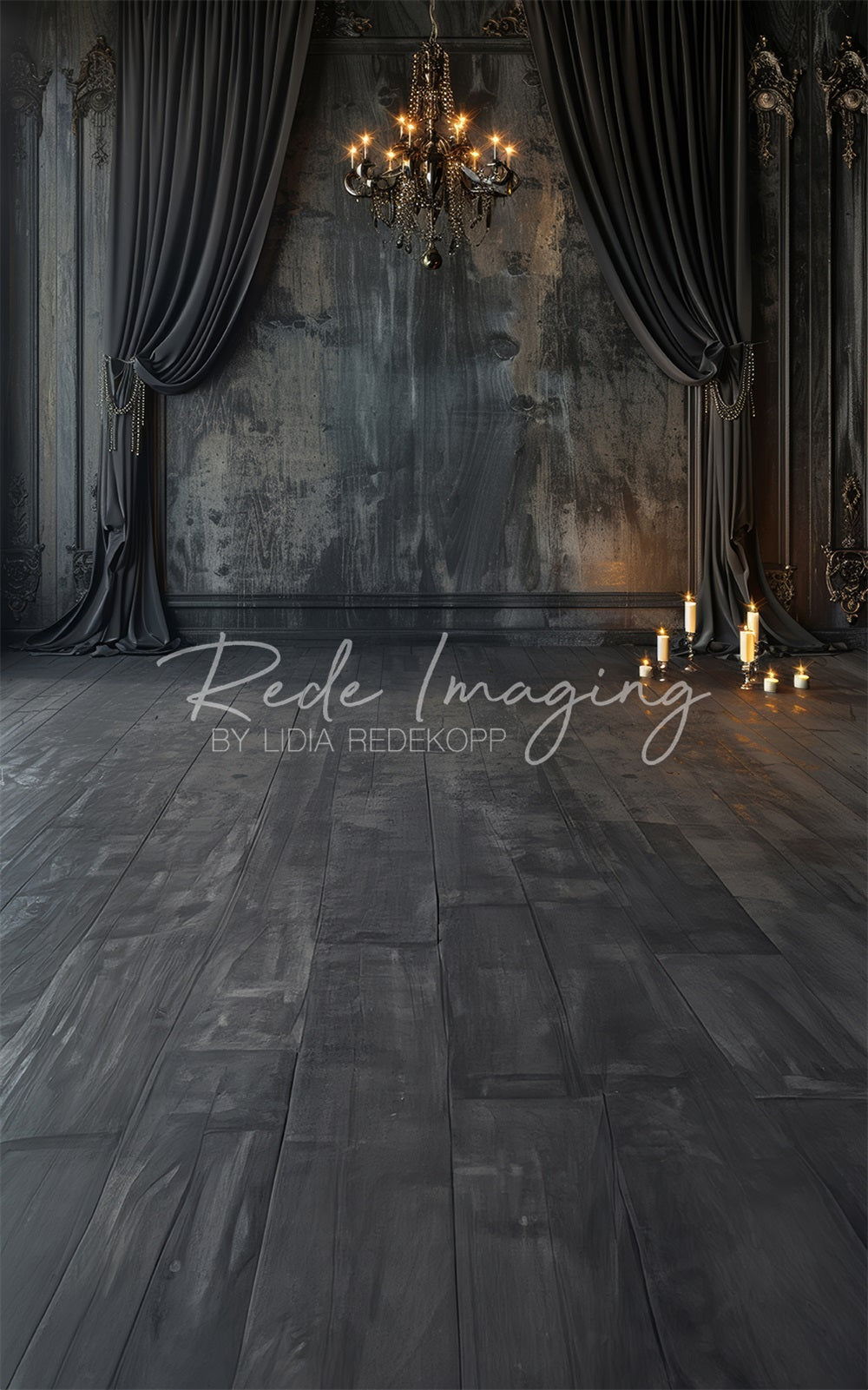 Kate Sweep Dark Vintage Black Curtain Chandelier Wall Backdrop Designed by Lidia Redekopp