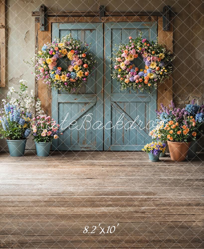 Kate Spring Floral Rustic Blue Door Backdrop Designed by Emetselch -UK