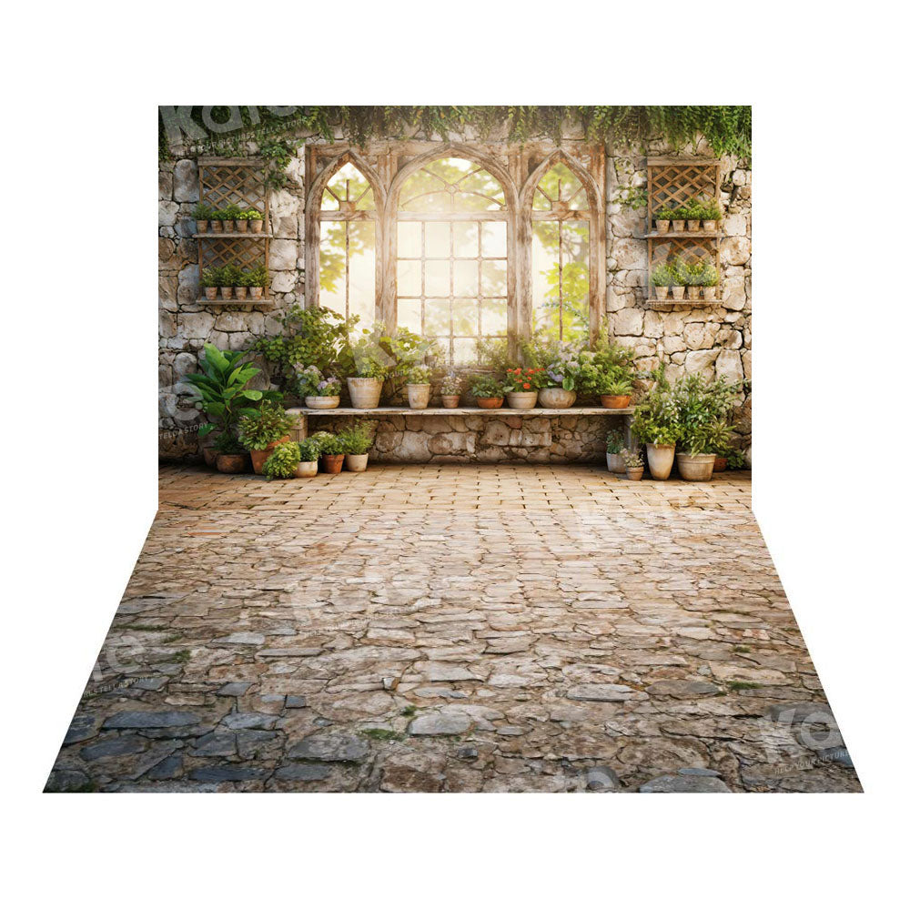 Kate Spring Green Plants Window Backdrop+Rugged Patterned Path Floor Backdrop