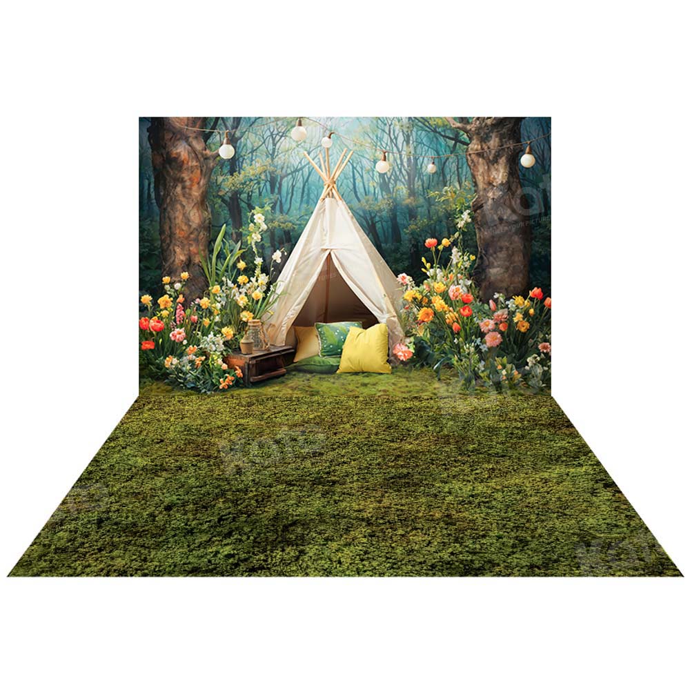 Kate Spring Wild Flowers Forest Tent Backdrop+Green Grass Floor Backdrop