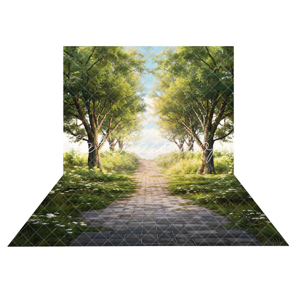 Kate Spring Green Trees Grass Path Backdrop+Green Grass Brick Road Floor Backdrop