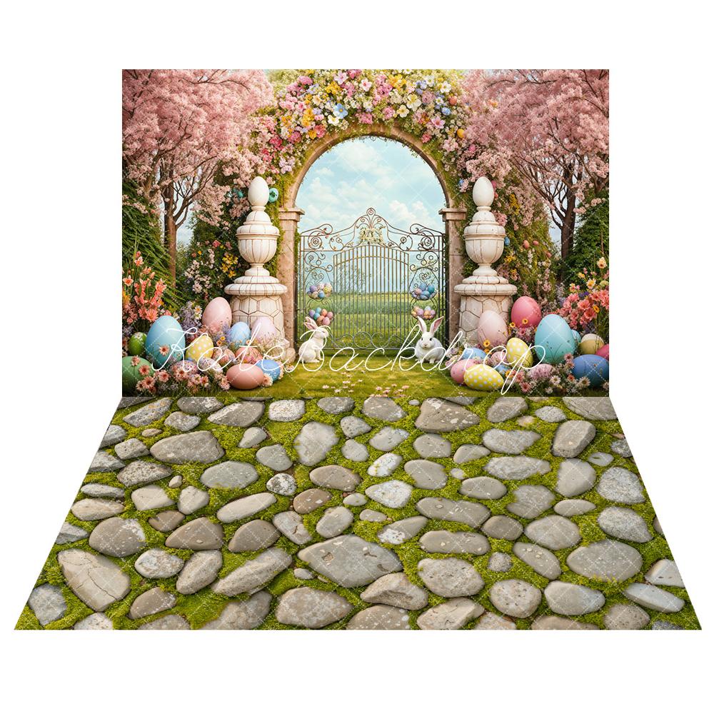Kate Easter Bunny Eggs Flowers Arch Backdrop+Spring Grass Stone Floor Backdrop