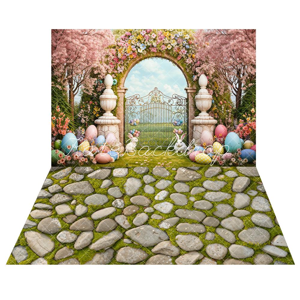 Kate Easter Bunny Eggs Flowers Arch Backdrop+Spring Grass Stone Floor Backdrop -UK