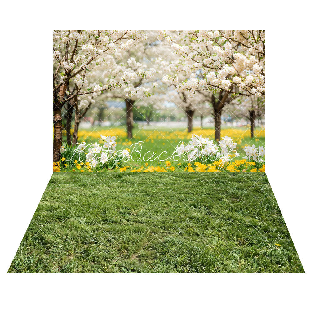 Kate Spring Flowers Meadow Woods Backdrop+Spring Green Grass Floor Backdrop