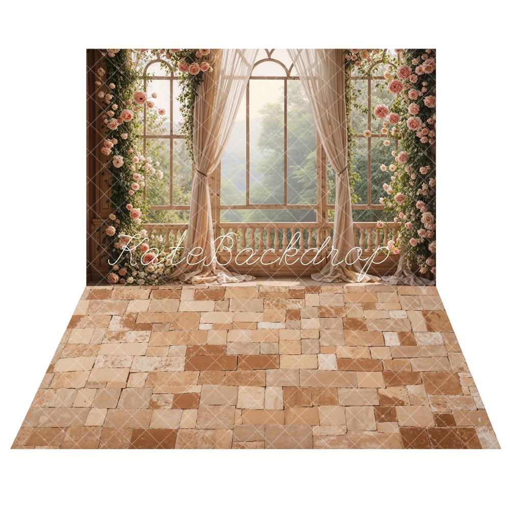 Kate Spring Flowers Window Room Backdrop+Distressed Brick Floor Backdrop