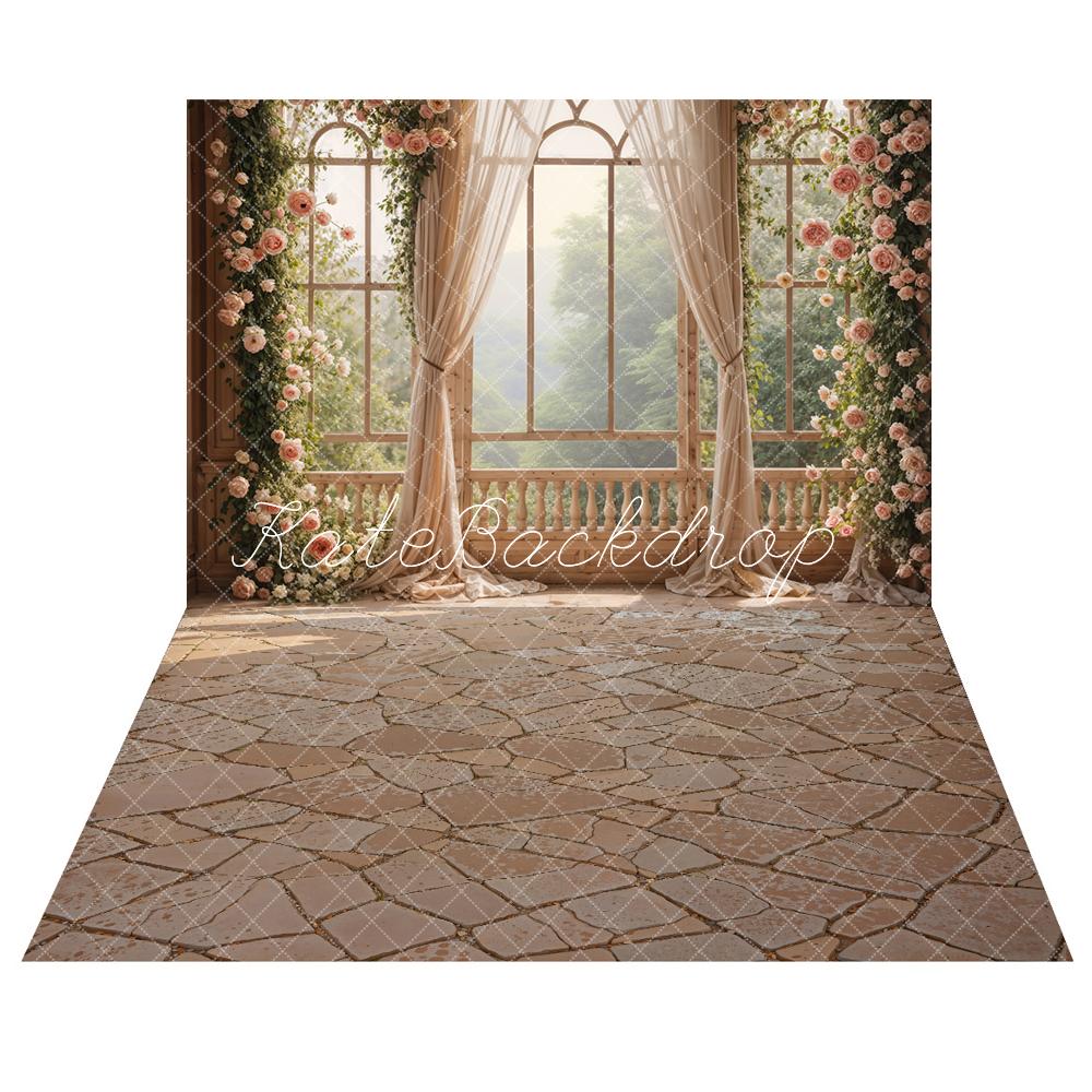 Kate Spring Flowers Window Room Backdrop+Muddy Stone Floor Backdrop