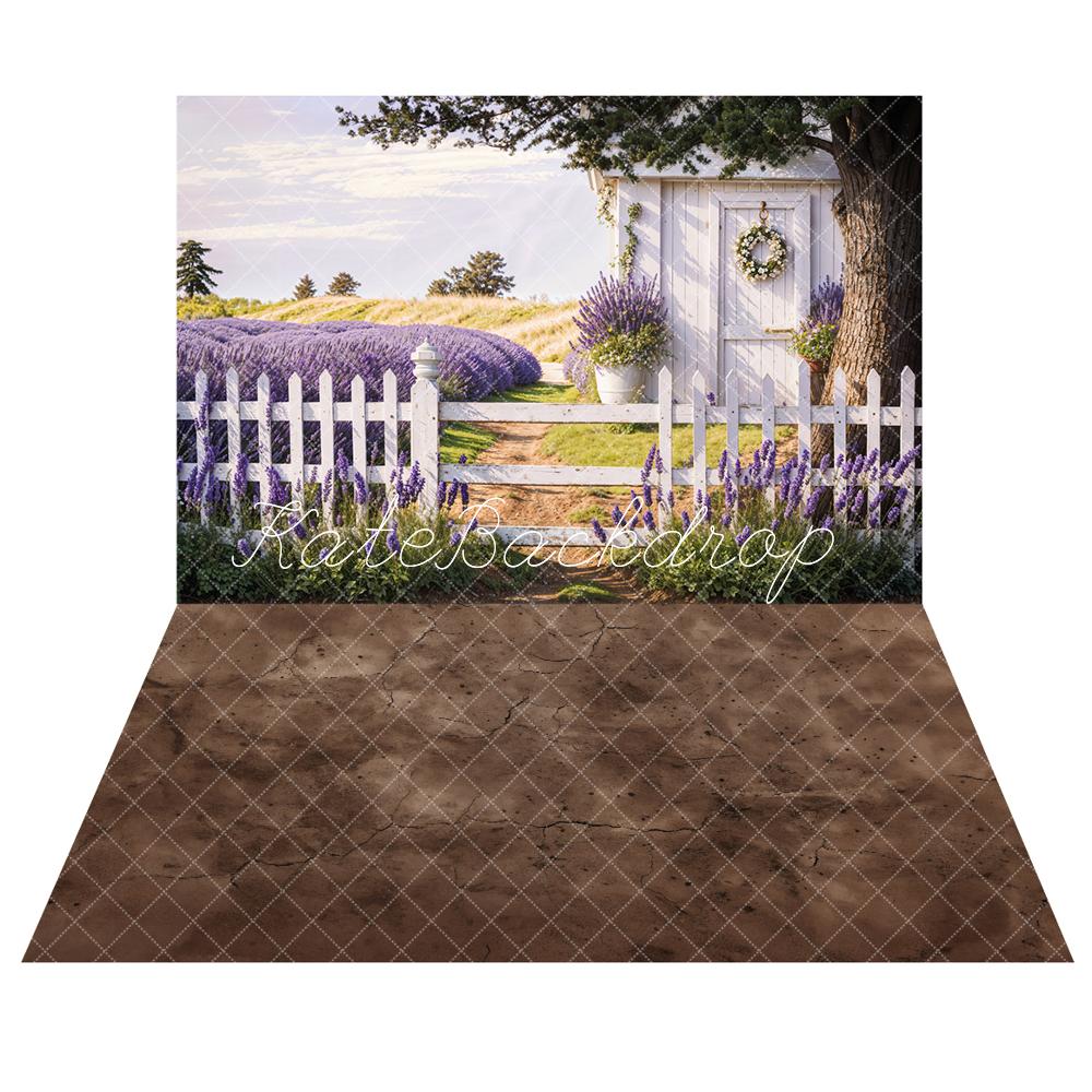 Kate Spring Lavender Fence Path Backdrop+Cracked Land Floor Backdrop