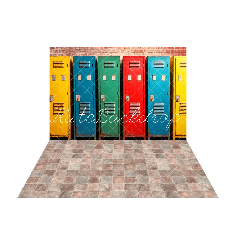 Kate Colorful School Gym Lockers Backdrop+Abstract Plaid Stones Floor Backdrop