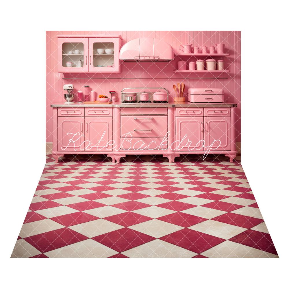 Kate Pink Kitchen Backdrop+Pink and White Plaid Floor Backdrop -UK