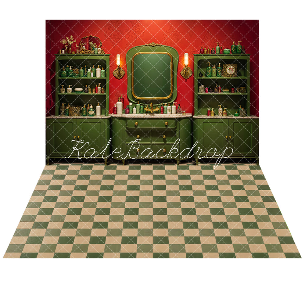 Kate Vintage Red Wall Green Beauty Shop Backdrop+Beige Green Plaid Floor Backdrop