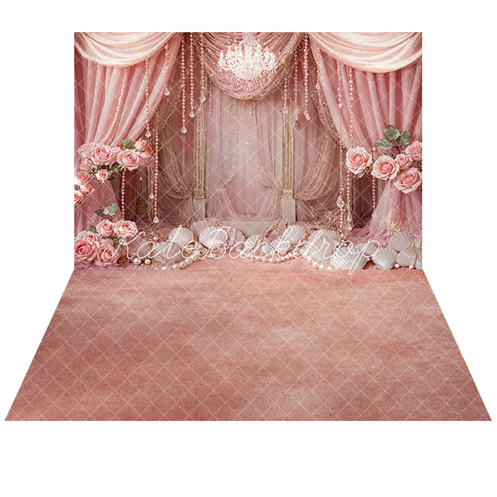 Kate Pink Girls Pearl Shell Curtains Backdrop+Abstract Pink Floor Backdrop