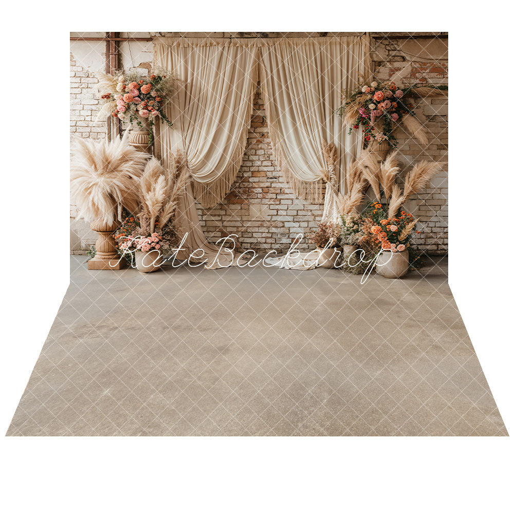 Kate Brick Wall Flowers Boho Backdrop+Grey Brown Abstract Floor Backdrop