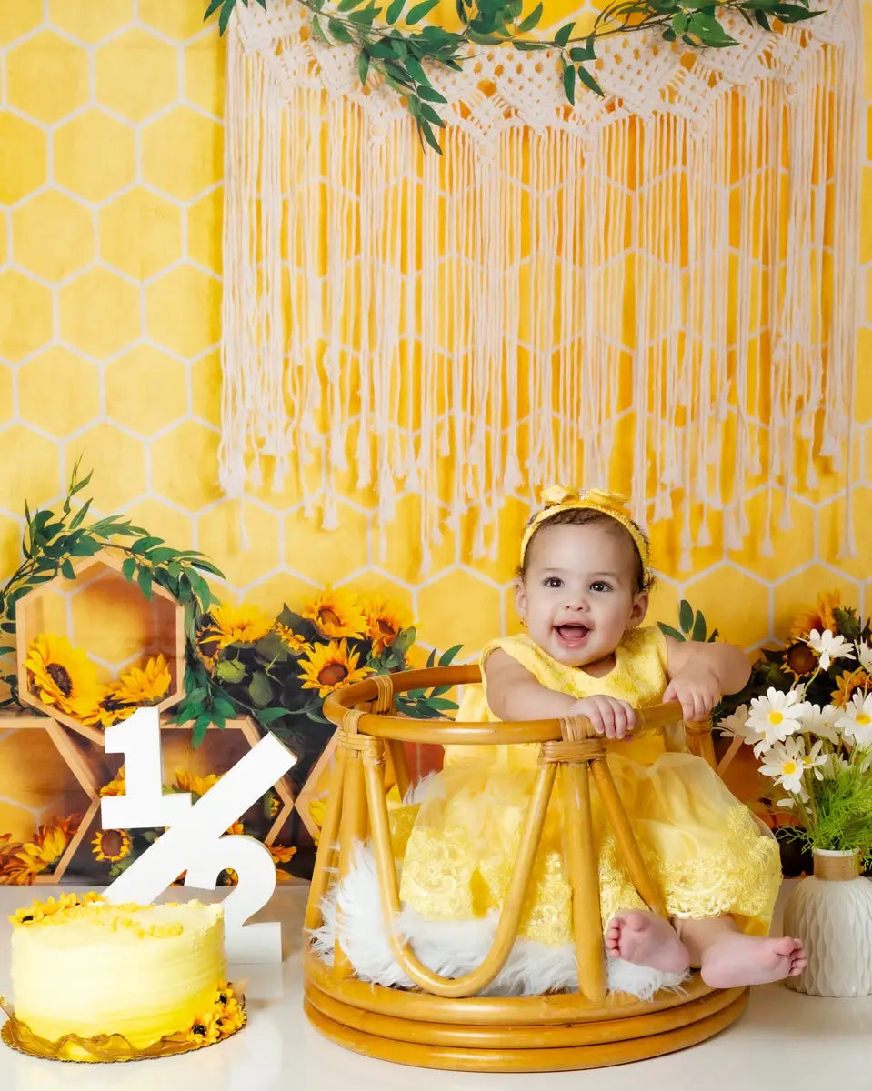 Kate Honeycomb Yellow Boho Cake Smash Backdrop Designed by Emetselch -UK