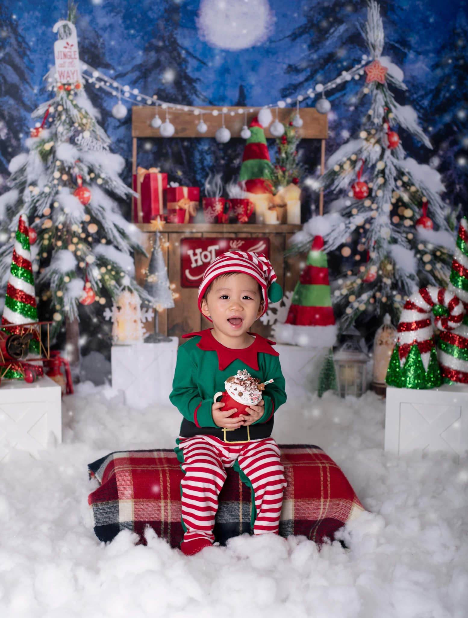 Kate Christmas Hot Cocoa Red Green Elf Hat Backdrop Designed by Emetselch -UK
