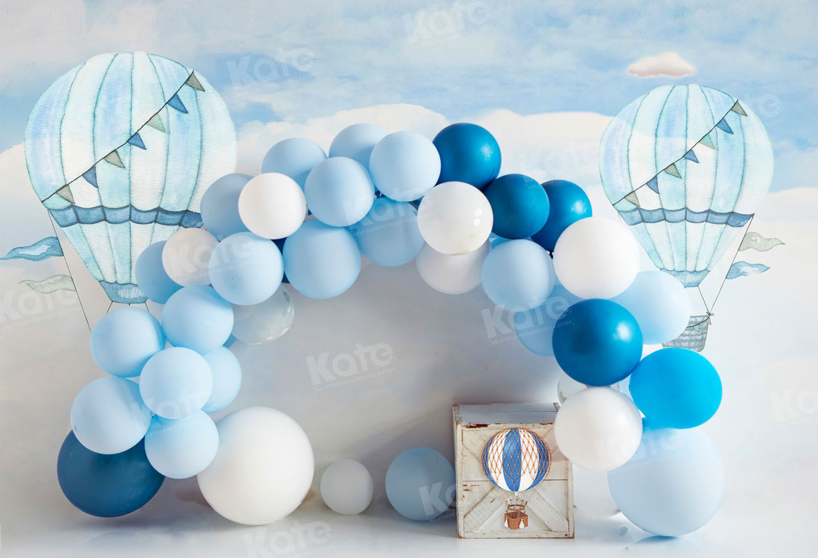 Kate Hot Air Blue Balloon Arch Cake Smash Fleece Backdrop for Photography -UK