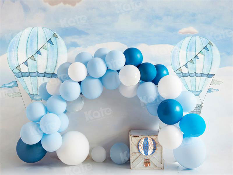 Kate Hot Air Blue Balloon Arch Cake Smash Fleece Backdrop for Photography