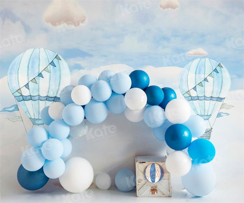 Kate Hot Air Blue Balloon Arch Cake Smash Fleece Backdrop for Photography -UK