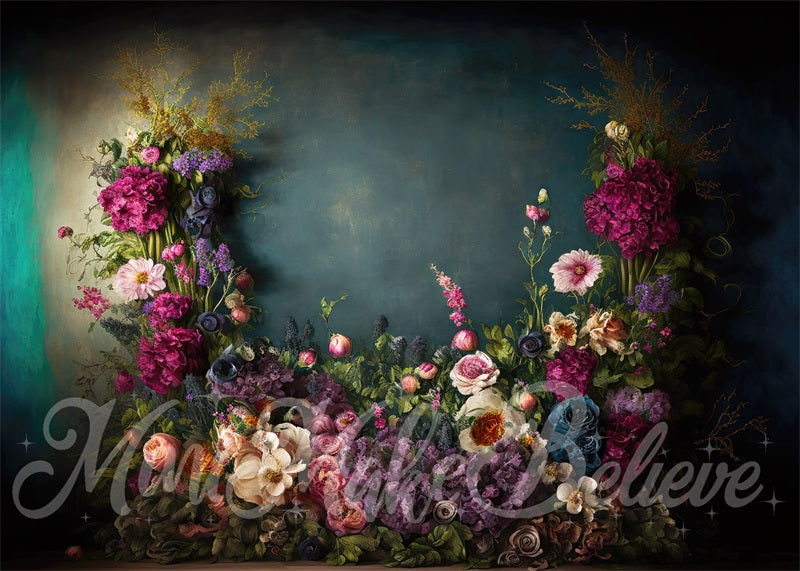 Kate Spring Fine Art Oil Painterly Floral Dark Teal Fleece Backdrop Designed by Mini MakeBelieve -UK