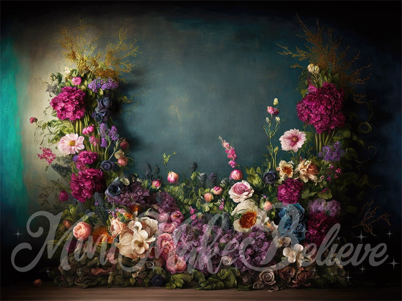 Kate Spring Fine Art Oil Painterly Floral Dark Teal Fleece Backdrop Designed by Mini MakeBelieve -UK